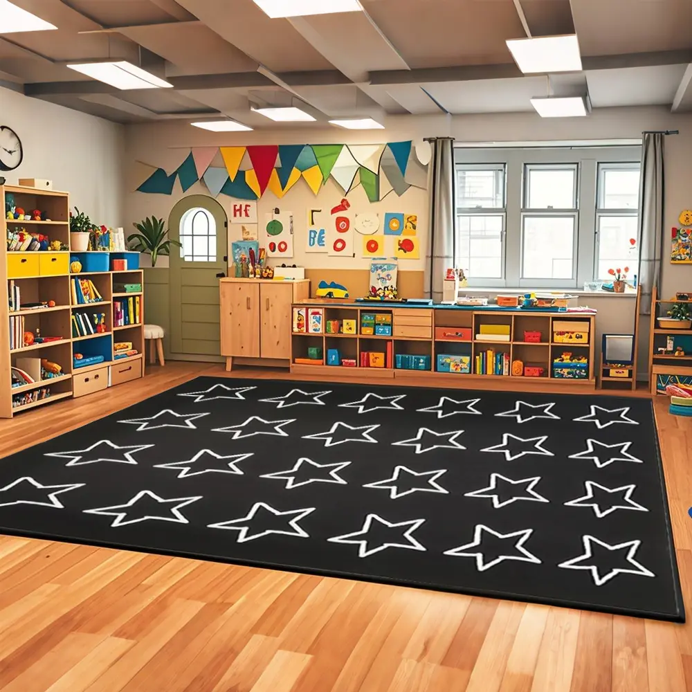 Large Black and White Classroom Rug Elementary with Seating Spots, Stars Classroom Rugs for Preschool Nursery Daycare, Educational Kids Carpet for Kindergarten, 13'x7'7'' Seats 24(Black)