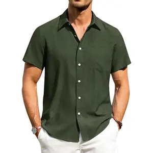 Alimens & Gentle Men's Linen Button-Down Shirt, Short-Sleeve Menswear, Wrinkle-Free Plain Casual Top for Vacation Beach (Summer)