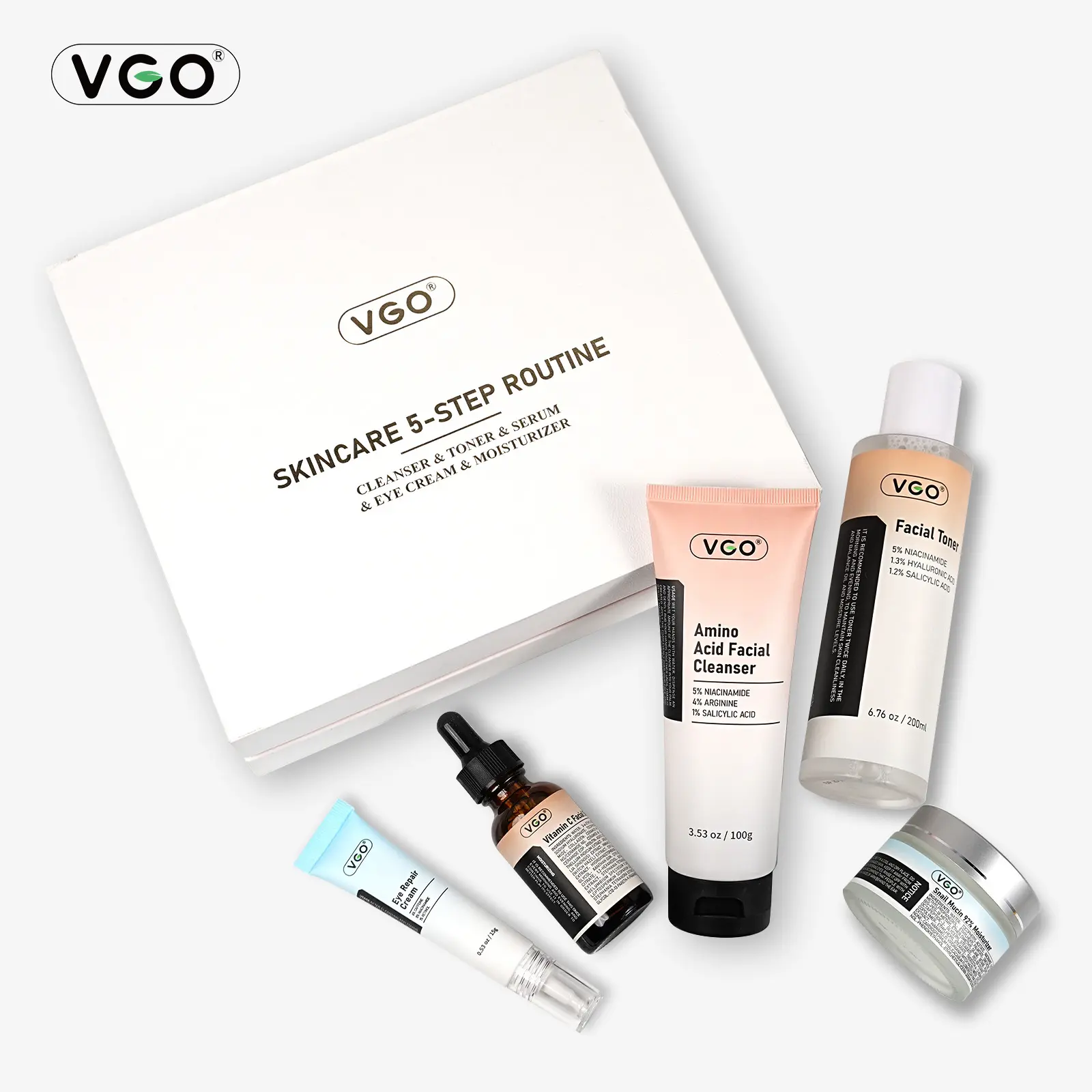 VGO Skincare Five Step Daily Repair and Moisturizing Routine Kit anti-aging serum Hydrating Nourishing Soothing Brightening for Healthy Glowing Skin Hydrate Moisturizer Moisture
