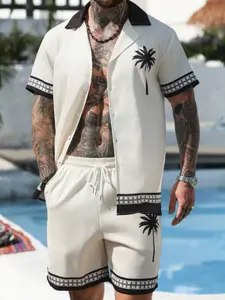 Men's Palm Tree Printed Button Front Short Sleeve Shirt and Drawstring Waist Shorts Set for Vacation Two Piece Set Men's All White Beach Pants Set Black and White Set Men's Vacation Men's Summer Sportswear Men's Swimming Pool Set, Men's Old Style