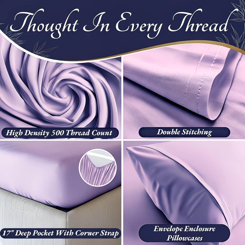 4pcs Bamboo Cooling Bedding - Extra Deep Pocket Breathable And Cooling - Suitable for Hot Sleepers And Sweats, Children Pillowcases, Flat Sheet And Fitted Sheet - A Perfect Gift for Family, Queen And King Sizes Bed