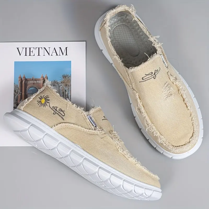 Men's Black Canvas Flat Slip-On Loafers - Slip-Resistant Sole, Floral Daisy Embroidery, Comfort Fabric Espadrille Casual Footwear for Daily & Outdoor Wear
