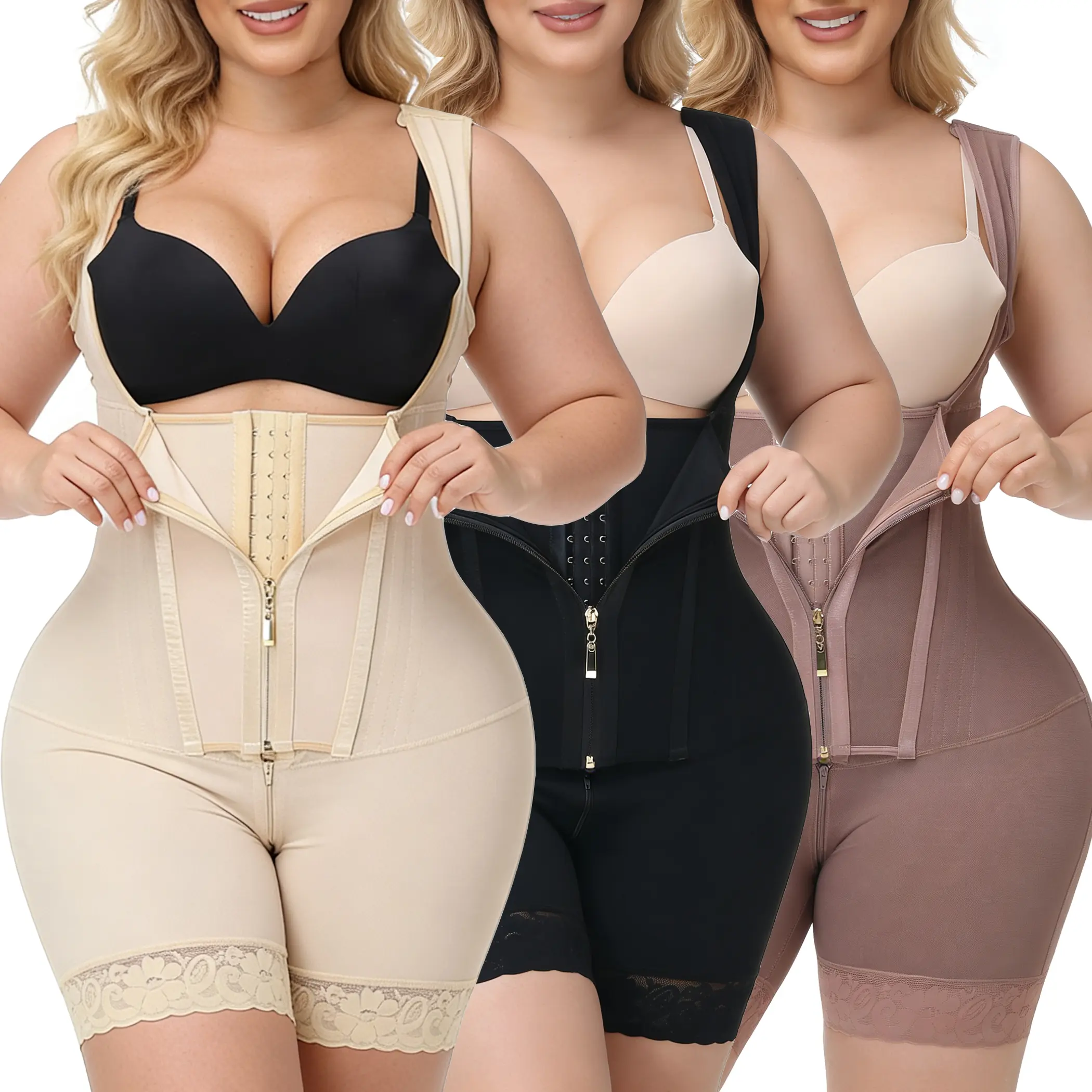 Women's Cotton High-Compression Spandex Shapewear - Underbust Full-Body Bodysuit with Tummy Control, Butt Lifting, Body Contouring, Hooks and Zipper, No, Lady, Coffee, Elastane