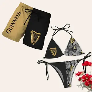 Matching Guinness Swimsuits for Couples - Swim Bra & Tie Side Thong Bikini + Men's Beach Shorts, Summer Vacation Swimsuit, Hawaiian Shirt Style, Aloha Beach Outfit, Casual Holiday