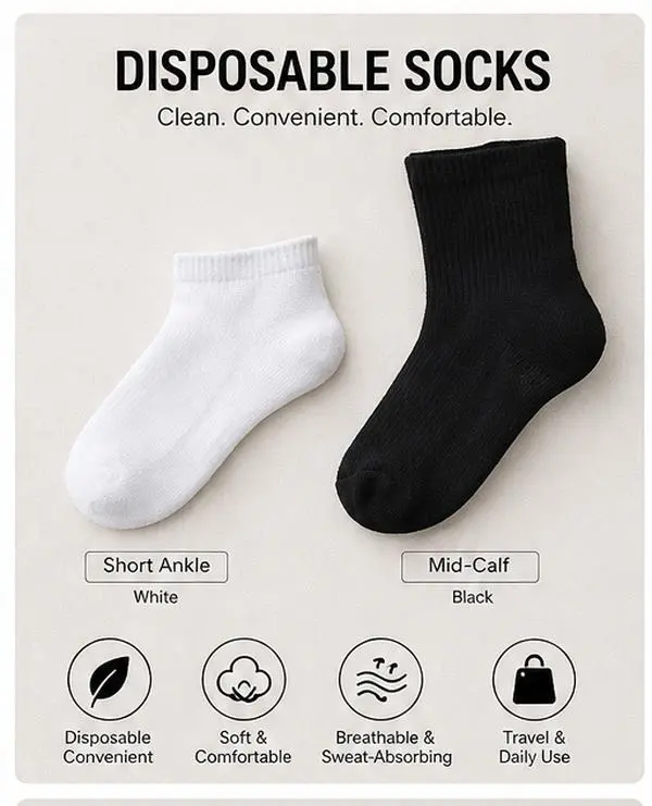 Portable Disposable Cotton Socks Combo Set, White Short Ankle & Black Mid-Calf Socks, 5 Pairs Each, for Travel, Hotel Use, One Size Fits Most