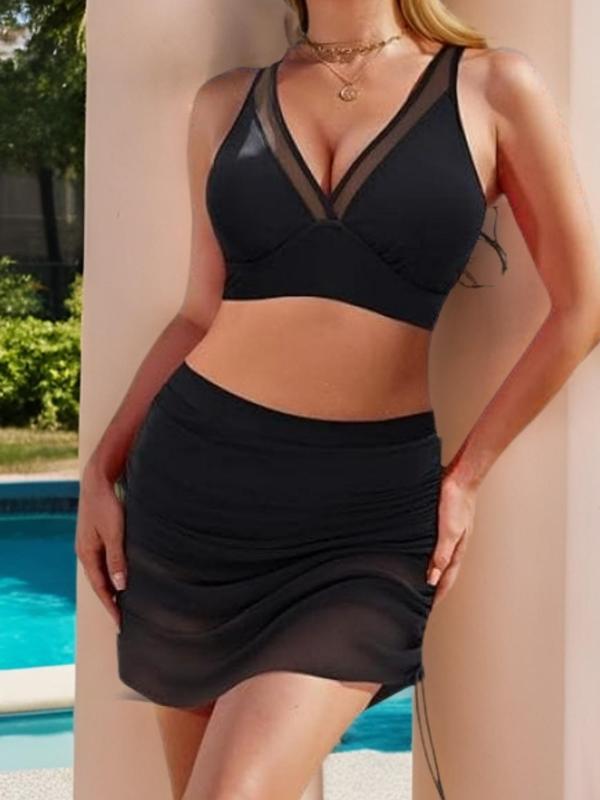 Women's Contrast Mesh Drawstring Tankini Swimwear Set, Solid Color Crop Top & Irregular Hem Skirt Set, Ladies Swimwear for Beach Holiday Vacation