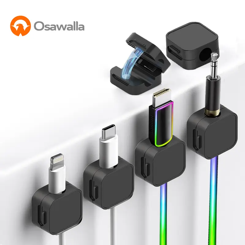 OSAWALLA 6-Pack Self-Adhesive Magnetic Desk Cable Management Holder, Multi Functional Tech Organizer, Easy-Open for Diameter 0.25" Cords, Holds Type-C & HDMI, Computer Power, Phone Charging Wires, Sticks to Glass/Wood - Home/Office Use, Father's Day Gift
