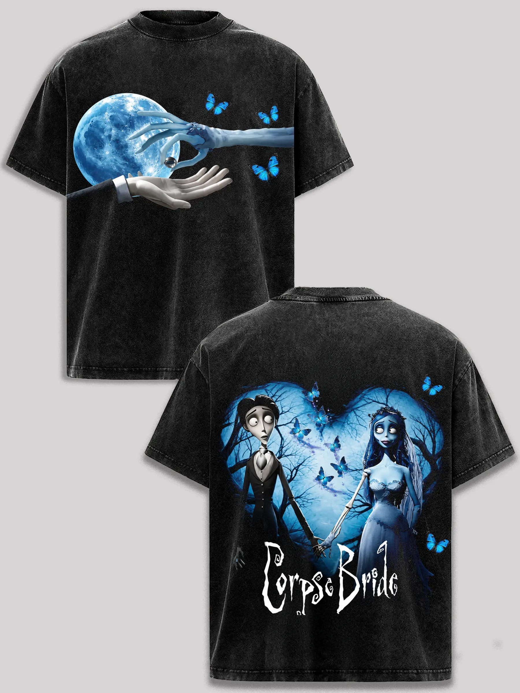 Corpse Bride Vintage Washed T-Shirt Tim Burton Corpse Bride Emily Victor Gothic Romance Dark Fantasy Movie Graphic Tee Blue Moon Butterfly Skeleton Love Oversized Heavyweight Cotton Acid Wash Black Streetwear Unisex Gift