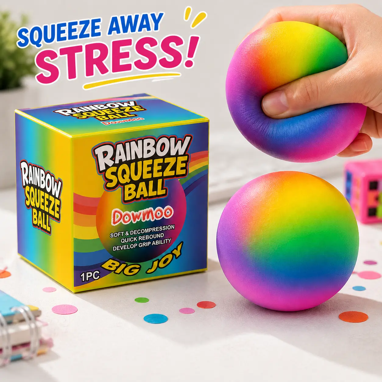 Rainbow Soft Gel Stress Ball Squishies Toys - Slow Bounce Sensory Fidget Squeeze Toy, Desk Party Favor, Classroom Reward Gift Idea