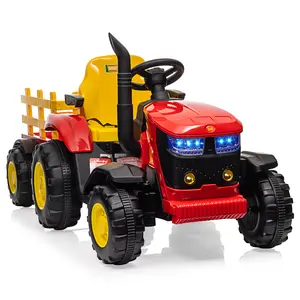 【Christmas Gift】Red 12V Kids Electric Ride On Tractor With Detachable Trailer Dual 35W Motors Led Lights Usb Music Remote Control Red