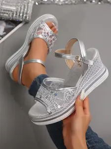 Lace Sequin Woven Heeled Sandals for Women, Luxurious Party Style, Evening Wedding Versatile Slippers, Casual PU Upper Material