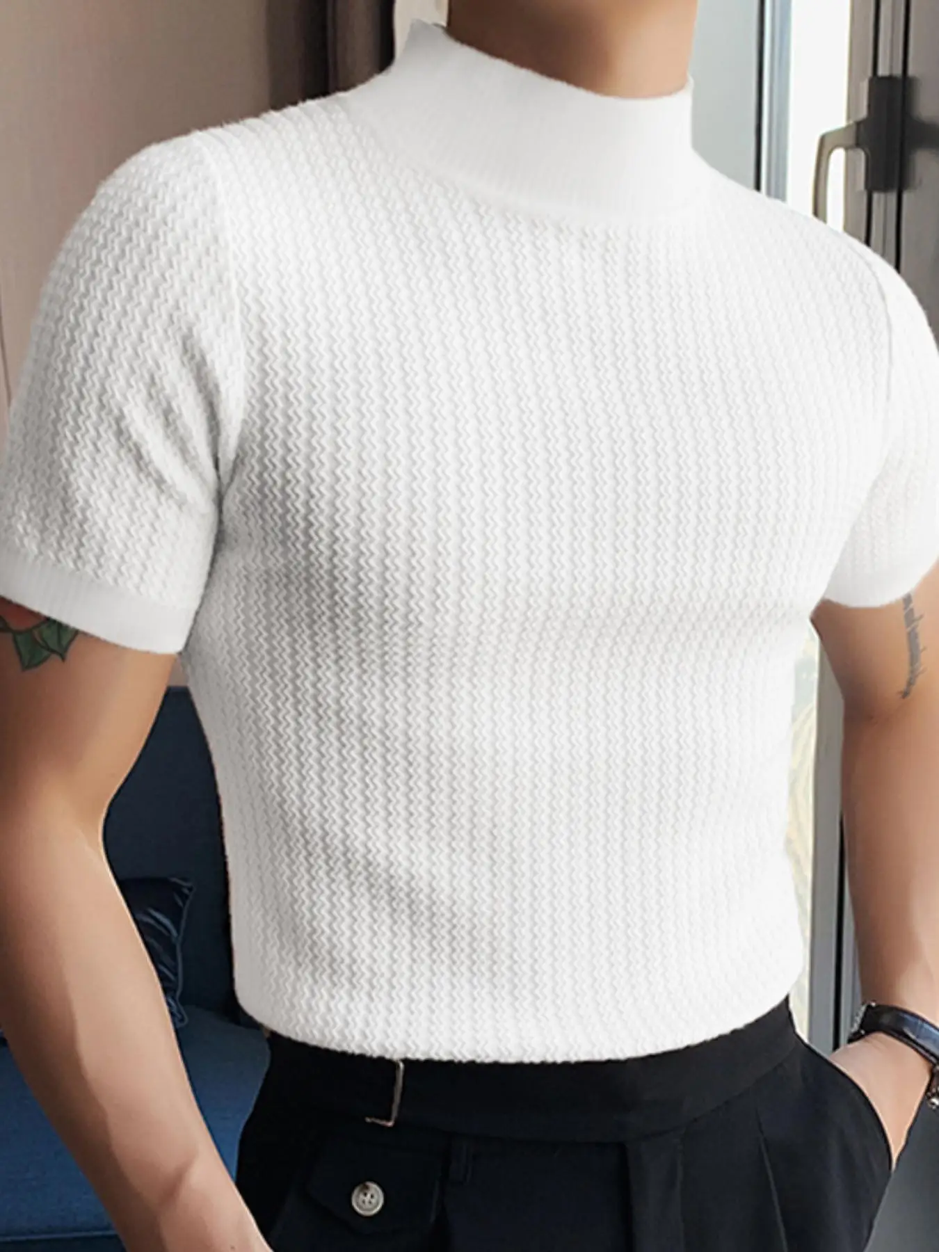 INCERUN Mens Short Sleeve High Neck Slim Fit T Shirts Casual Muscle Sport Blouse Tee Top