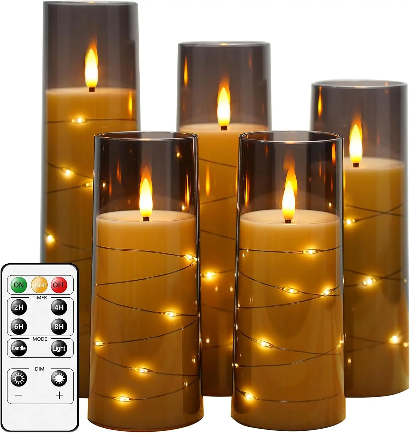 5-Pc Remote-Controlled Artistic Curvilinear Compact Flameless LED Candles, Stable Grey Acrylic Shell, Embedded Star String, Timer, Cableless Battery-Operated for Romantic Ambiance & Home Decoration, Artistic Candle Lights, Curvilinear Candle Lights