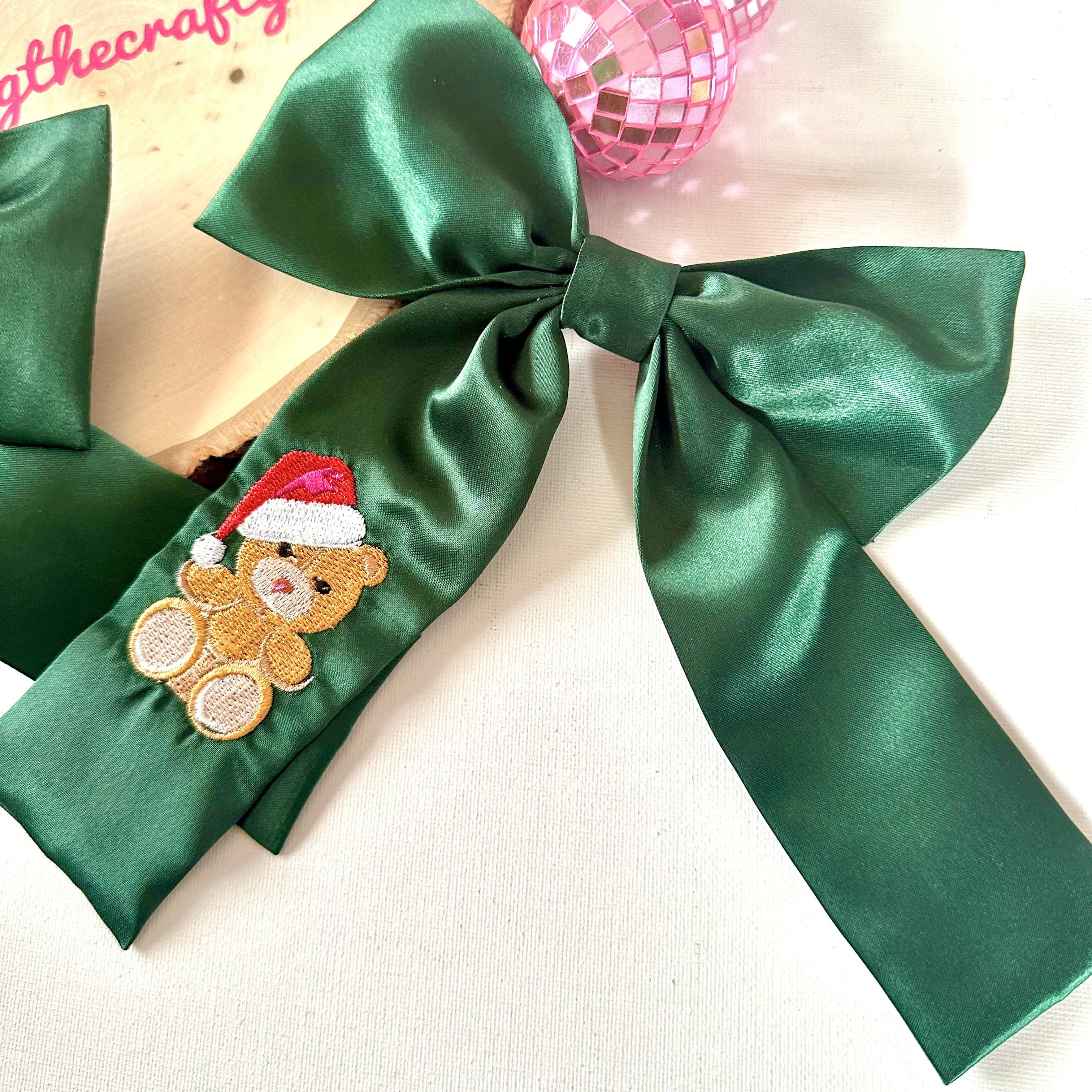 Christmas Bear Hair Bow - Green Satin Bow with Embroidered Bear in Santa Hat for Festive Hair Accessories