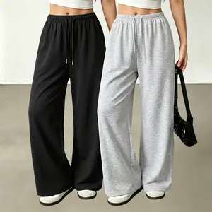 Women's 2-Pack Barrel Leg Wide Sweatpants - Baggy Soft Fleece Drawstring Joggers, Cozy Elastic Breathable Athleisure Casual Streetwear Bottoms with Adjustable Fit (Black, Gray Set)