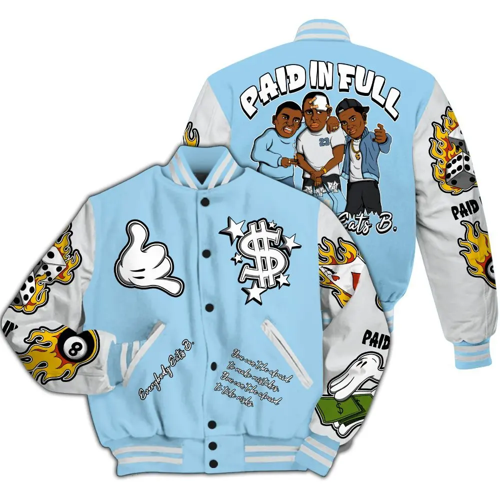 Varsity Jacket To Match Legend Blue 11s, Everybody Paid In Full Graphic All Over Print, Unisex Varsity Baseball Jacket, Classic Sport Street Style Jacket