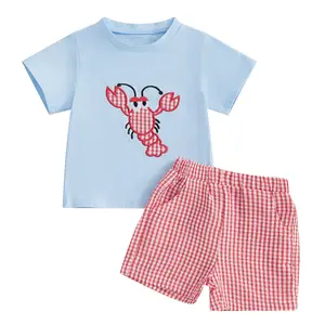 Toddler Baby Boy Girl Lobster Outfits Short Sleeve Crawfish Crab Embroidery T Shirt Gingham Checkerboard Shorts Summer Clothes