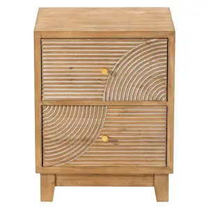 COZAYH Farmhouse 2 Drawer Nightstand with Handcrafted Wood Ring Pattern, Natural
