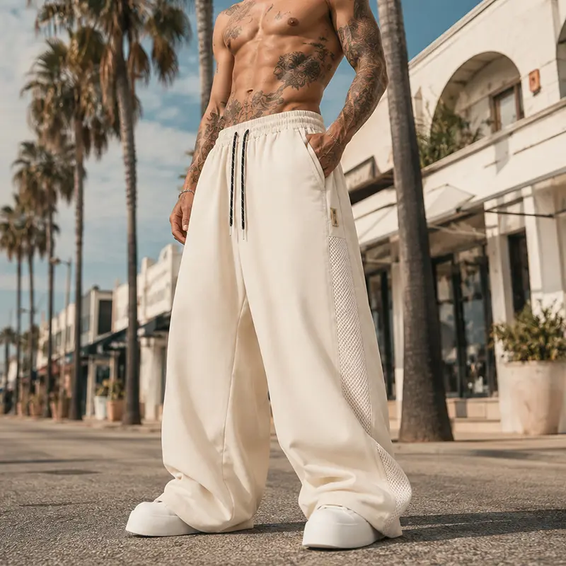 Men's Lightweight Athleisure Baggy Pants - Loose Fit Wide Leg Streetwear Pants with Breathable Mesh Panels, Elastic Drawstring Waist, Pockets, Machine Washable, Machine Washable Men's Pants
