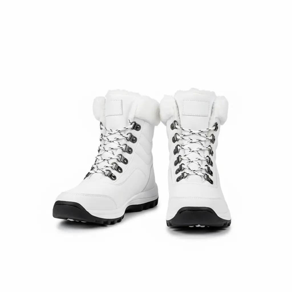 Women's White PU Leather Lace-Up Snow Boots - Warm Plush Lining, Waterproof, Synthetic, EVA, Round Toe, Cuban Walking Shoes for Cold Weather, Laces, Rubber Sole, Rubber（Tpe, Tpr, Etc.）, Built For Cold Winter Days