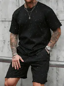 New Men's Summer Shoulder Lounge Tee & Short Pants Set, Starry Night Fleck Craft  Design, Loose Casual Comfy Half Sleeve Round Neck T-Shirt for Daily Wear, Men's Top for All Seasons