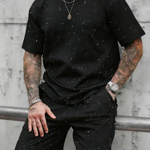 New Men's Summer Shoulder Lounge Tee & Short Pants Set Starry Night Fleck Craft Design, Loose Casual Comfy Half Sleeve Round Neck T-Shirt for Daily Wear, Men's Top for All Seasons Outfit