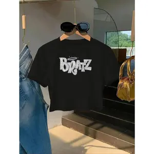 Women's Short-Sleeve Black Y2K Bratz Graphic T-Shirt - 1pc Durable Fabric Tee with Unique Glitter Design, Crop Top & Tank Top Style, Ideal for Loungewear & Outdoor Use, Great for Birthday Gifts
