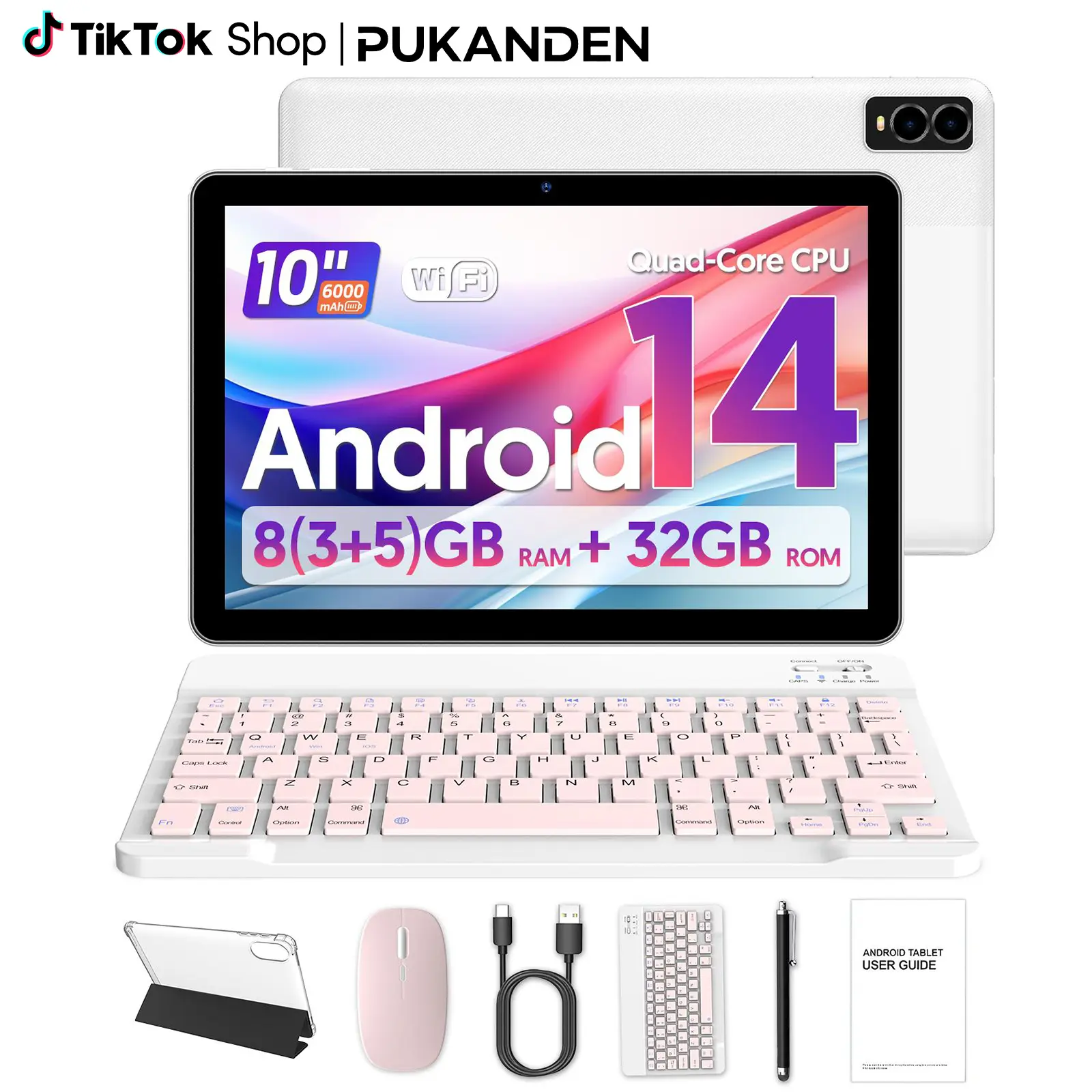 2026 [5-in-1] 10-inch Android 14-in-1 2-in-1 Tablet PC - 3+5GB RAM, 32GB internal storage, octa-core processor, 6000mAh battery, keyboard, mouse, protective case, stylus, dual cameras (multiple color combinations available)