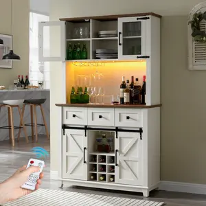 【Ships in 2 Boxes】AMERLIFE Coffee Bar Cabinet with Sliding Barn Door, 72'' Farmhouse Kitchen Sideboard, Buffet Storage Table, Wine Glass Racks, LED Lights, Tall Hutch
