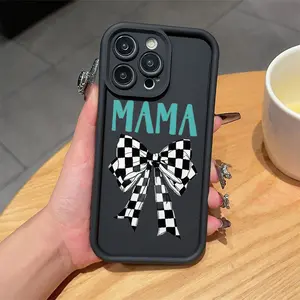Black And White Checkered MAMA Bowknot Pattern iPhone cases Case Compatible with For iPhone 17 Pro Max 16 16e 15 14 Plus 13 12 Mini 11 Air X XS Pattern TPU Lens Protection Durable Soft Cover Gift 2D printing