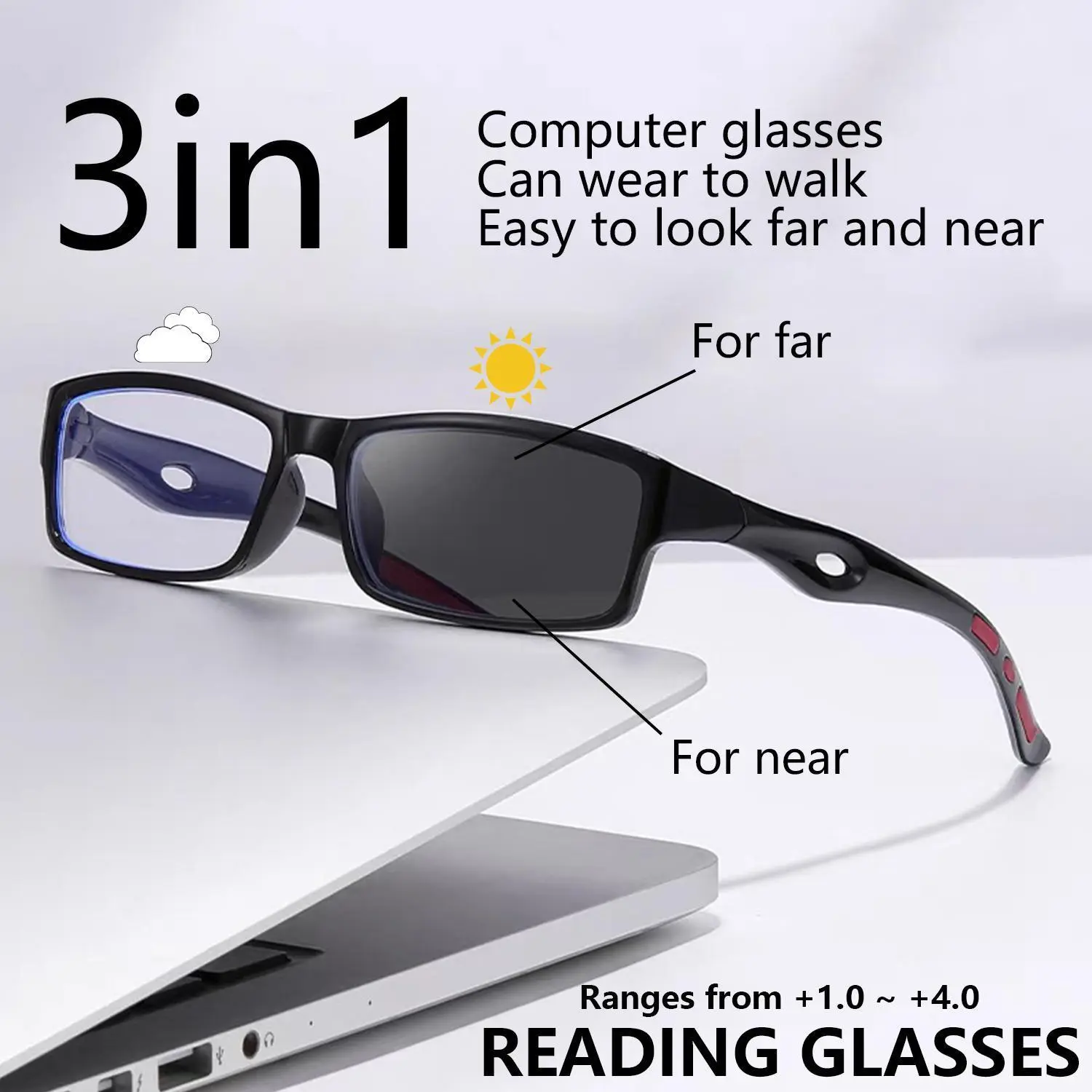 Rectangular Sport Reading Eyeglasses, Unisex Plastic Full-Rim Frame with Ultralight Multifocal Photochromic Lenses, +1.0-+4.0, Multifocal Readers