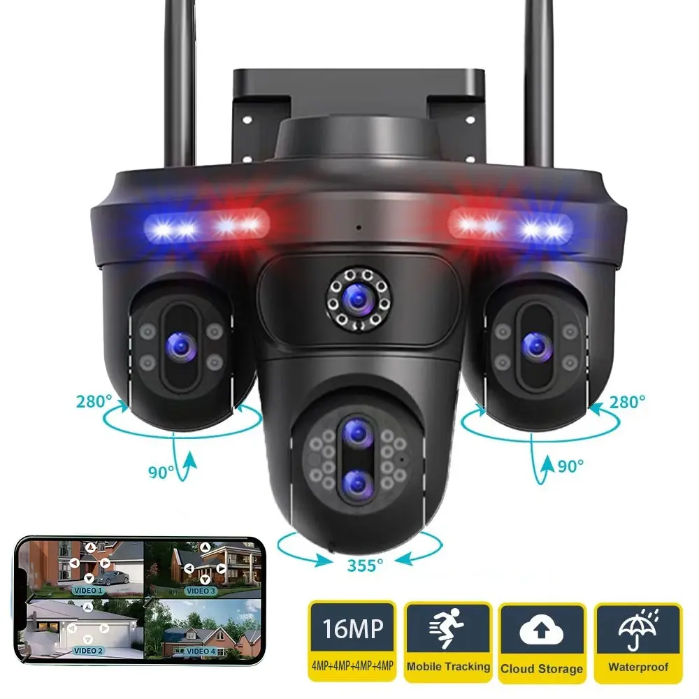 5 Lens Security Camera Outdoor, 4 Screen View, 10x Zoom, WiFi 2.4GHz, Ptz Camera, Night Vision, Motion Detection, Waterproof, Home Surveillance, Camera For Home, Home Security Cctv, Wireless Outdoor Cameras
