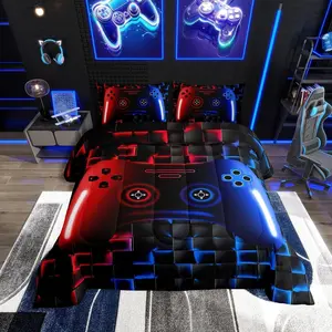 Feelyou Gamer Geometric Bedding Set - Soft Bedding Sets, Light Microfiber Duvet Quilt, Neon Red Blue Black Glowing Lightweight Game Console-Themed Comforter