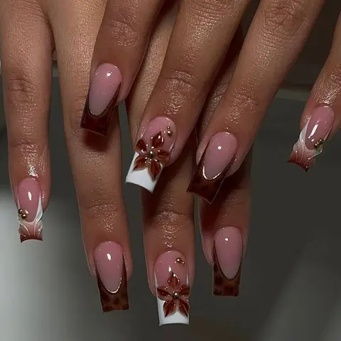 24pcs Medium Square Press-On Nails, Fake Nails, Decorative Nails, Leopard Print French Style, 3D Gel Petals and Glitter Design, Easy Wear Acrylic False Nails Set Nail Kit