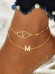 Women's Stainless Steel Anklet Set, Dainty Layered Anklet, Initial Anklet, Letter & Heart Design, Casual Fashion Jewelry for All Seasons, Layered Chain Style