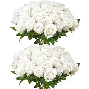 VEVOR Artificial Flowers, 60 pcs Real Looking White Foam Fake Roses Bulk, White Faux Bridal Shower with Stems for DIY Wedding Bouquets, Home Centerpieces Arrangements, Party Tables Decorations