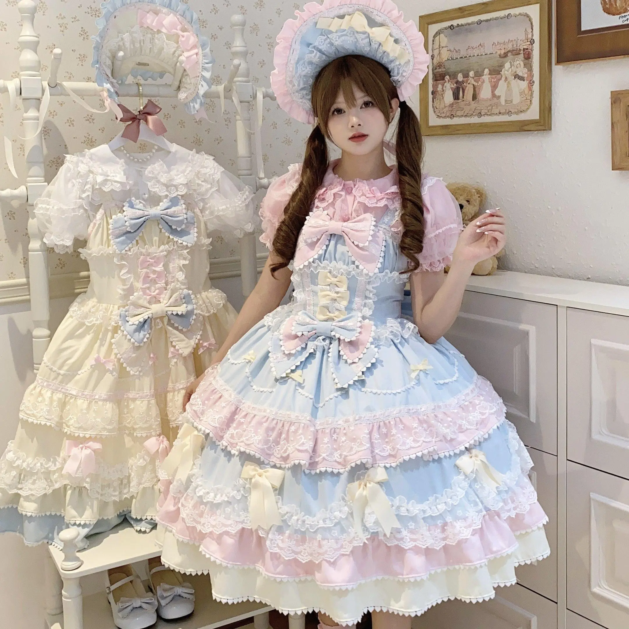 Summer Japanese Style Kawaii Lolita Dress Women Party Vintage Sweet Lace  Bow Birthdays Cake Dresses Harajuku Bandage Dress - TikTok Shop