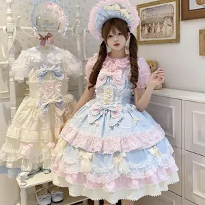 Summer Japanese Style Kawaii Lolita Dress Women Party Vintage Sweet Lace Bow Birthdays Cake Dresses Harajuku Y2k Bandage Dress