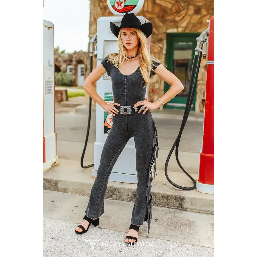 Black Mineral washed fringed jumpsuit