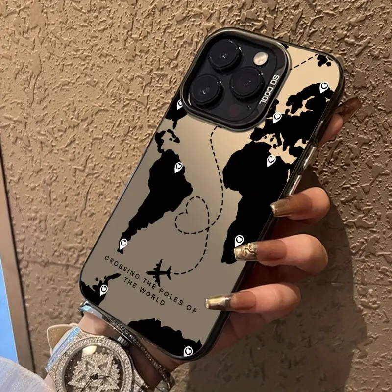 Black Travel Map Cellphone Casing - Shockproof Drop Protection Durable PC Protector for iPhone 17 Pro Max, 16 Plus, 15, 14, 13, 12, 11, Air E - Mobile Phone Devices Accessories