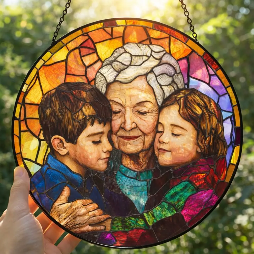 Customizable 2D Flat Painted Mosaic Glass Window Hanging Sun Catcher - Colorful Multi-Size Home Decor, Light Play Art Ornament, Personalized Photo-to-Portrait Family Gift for Parents (Father's Day, Birthday) for Bathroom, Balcony, Garage