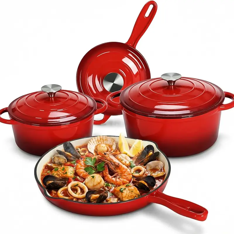 TLGREEN 7Pcs Nonstick Enameled Cast Iron Cookware Set - Thermal, PFOA & PFAS Free, Even Heating, 500°F Oven Safe, Gas/Induction Compatible - Includes 10" Skillet, Dutch Oven, Tortilla Comal, Stovetop Fried Pans & Woks - Dorm Essential for Baking, Stews