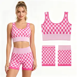 Women Adult Pink Checkered Top Bottom Stretchy 2pcs Yoga Summer Active Wear Sports Sets