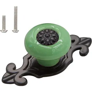 10 Pack Retro Ceramic Knobs, Dresser Kitchen Petal Cabinet Pulls Zinc Alloy Base  Plate Cupboard Wardrobe Drawer Door Handles,Green + Black Base