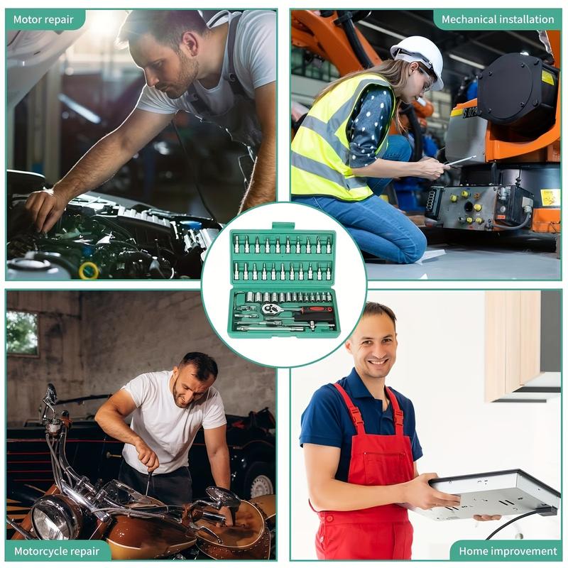 46-piece set 1/4 inch drive socket ratchet wrench set, S2 position CR-V socket metric and extension rod, suitable for automotive repair and household comprehensive tool kit, easy to organize