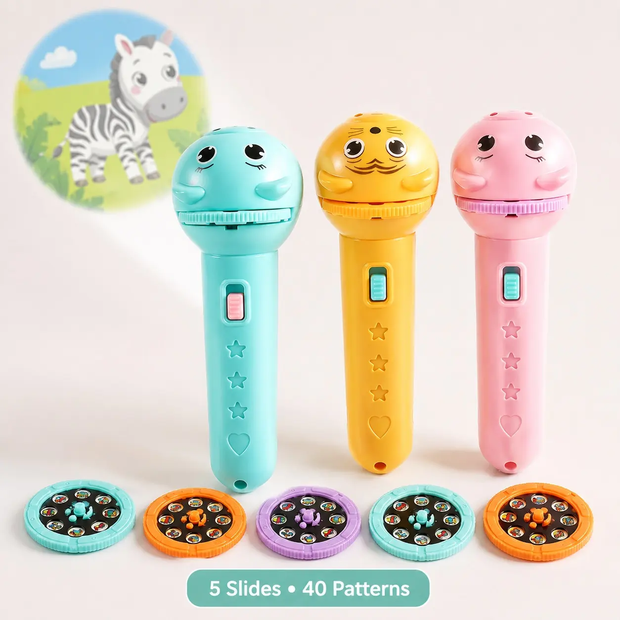 Kids Projection Flashlight Toy, 5 Slides with 40 Images, Bedtime Story Projector & Screen-Free Learning Toy, Portable Educational Gift for Boys and Girls Ages 3+