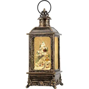 Christmas Snow Globe Lantern Water Glittering Snow Mountain Village with Music & Timer USB Lined/Battery Operated Lighted Lantern for Christmas Festival Decoration Gifts