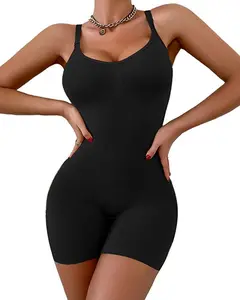 QOU Women's All-Day Full body shapewear - Scoop Neck, Mid-Thigh Bodysuit with Tummy Control Shapewear Black Breathable Compression Comfort Sexy Hip Basic Minimalist Womenswear for women Spaghetti Strap