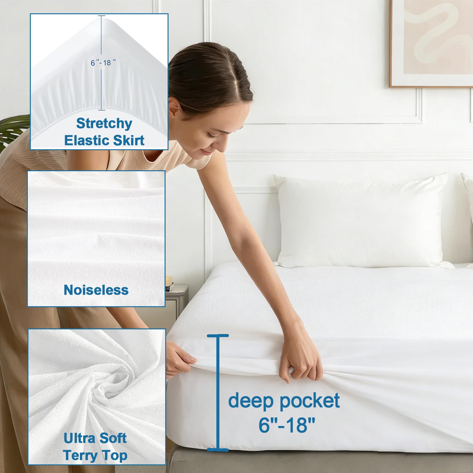 Premium Terry Waterproof Mattress Protector, Ultra-Soft Breathable Noiseless Absorbent Mattress Topper Cover Solid Color Fitted Sheet with Deep Pocket, Bed Cover Protector for Kids Adults Pets, Machine Washable #TiktokShopSpringGlowUp