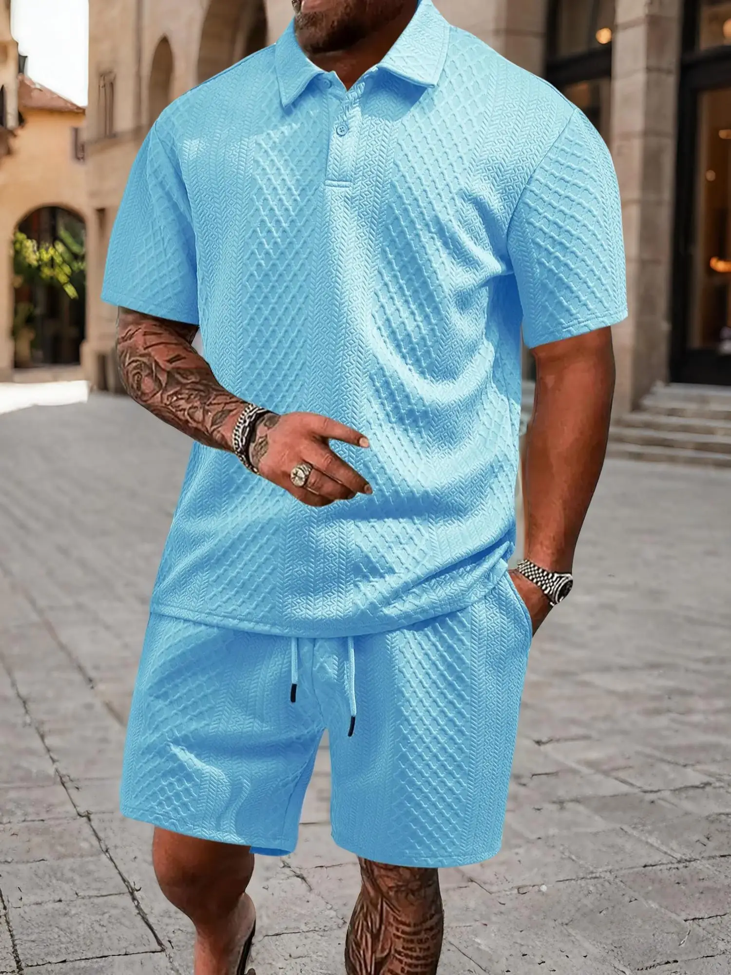 Men's Solid Tee & Drawstring Waist Shorts Set, Casual Short Sleeve T-shirt & Pocket Shorts, Men's Summer Clothes, Shortsleeve Menswear